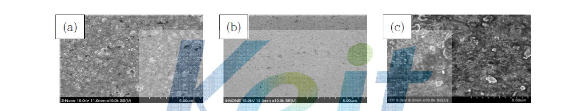 도금 전해액에 따른 표면 SEM 형상 ; (a)청화동 도금, (b) 황화동 도금, (c)청화은 도금