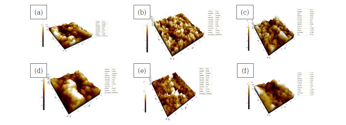 AFM을 이용한 표면형상 ; (a)청화동도금, (b) 황화동도금, (c) 청화은 도금, (d)청화동도금 후 300℃ 진공열처리, (e) 황화동도금후 300℃ 진공열처리, (f) 청화은도금후 300℃ 진공열처리
