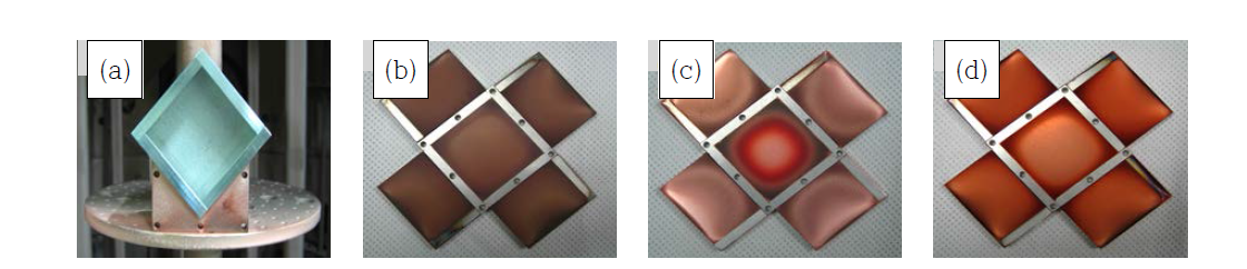 T-S 거리에 따른 Cu코팅 3D Block 이미지 ; (a) 코팅 전 준비, (b) T-S 10㎝, (c) T-S 12㎝, (d) T-S 15㎝