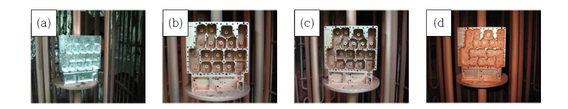 Cu 코팅 전,후 RF필터 이미지; (a) 코팅공정 전, (b) RF-1, (c) RF-2, (d) RF-3