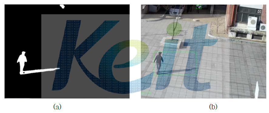그림자를 포함한 탐지결과 (a) 전경 마스크 영상 (b) 전경 추출 영상