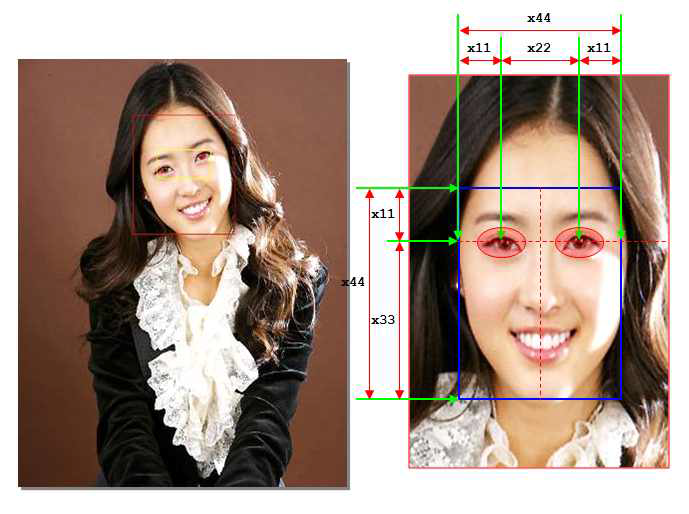 검출된 얼굴영역(왼쪽)과 정규화된 얼굴(오른쪽) 결과