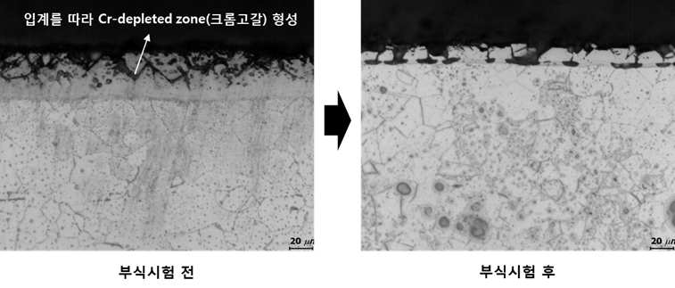 질화층의 부식시험 전, 후 단면조직