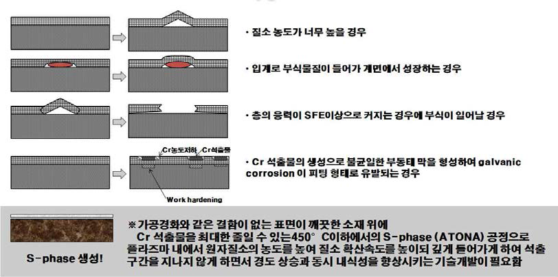 플라즈마 이온질화에 의해 형성된 막의 부식 진행 모식도