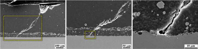 접합강도 측정 후 금속-세라믹 계면의 균열 미세조직 (E1 후보합금).