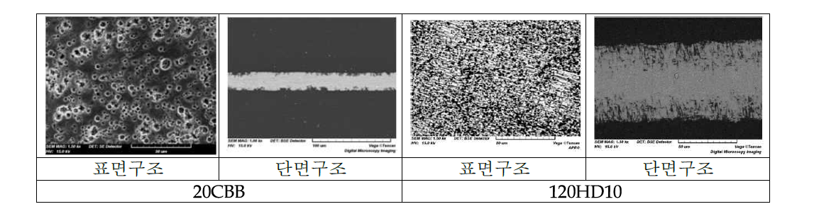 에칭박의 표면 및 단면 미세구조 사진