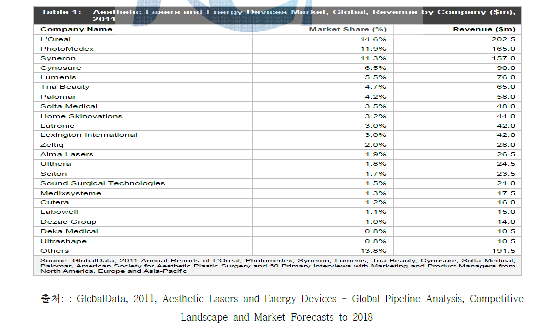 해외 피부 레이저 에너지 기기의 기업 점유율 (%), 2011