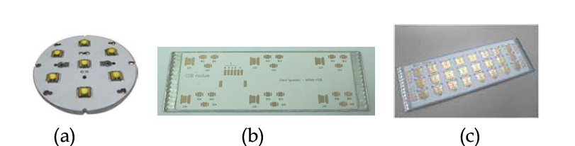 (a) 일반 MCPCB, (b) COB 구조 구현 고방열 Heat Spreader, (c) RGB 3 in 1 LED 광원 집적형 Heat Spreader