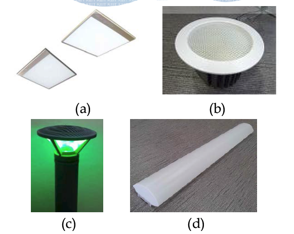 (a) 거실용 직부형 조명등, (b) 매입형 LED 다운라이트, (c) LED 정원등, (d) 엘리베이터등