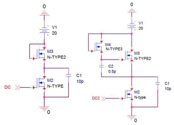n-type 인버터(좌), 부스트랩 인버터 마스크 (우)설계