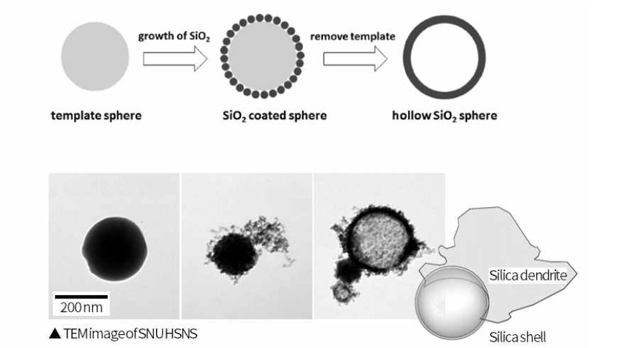 실리카 중공나노입자의 제조법 모식도, 제조된 중공나노입자의 구조 관찰을 위한 TEM 사진