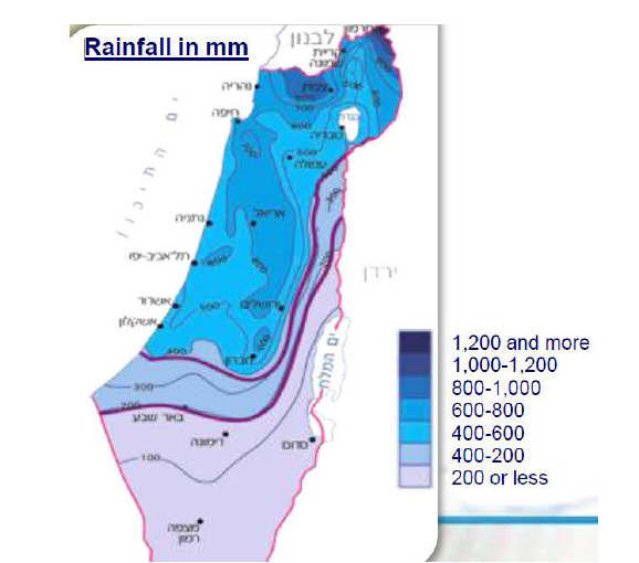 이스라엘의 지역 별 연간 강수량