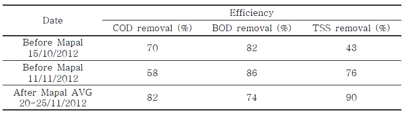 Mapal의 하수처리 설비 개선 전/후의 하수처리 효율