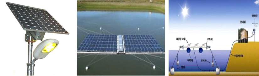 PV 가로등 (왼쪽), 수상 태양광 (가운데), 수상 태양광 발전 단면도(오른쪽)