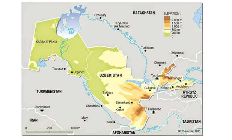 우즈베키스탄의 수자원 분포도