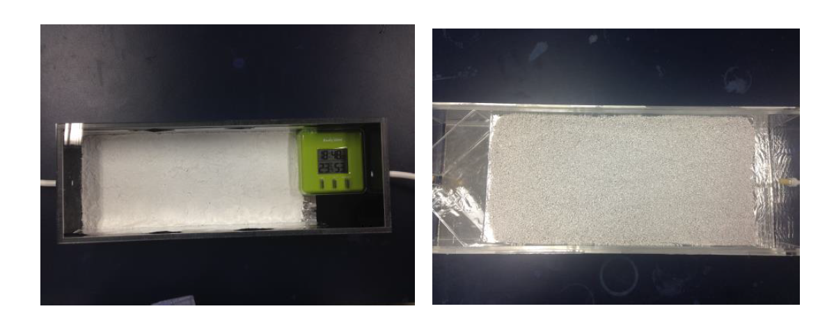 반응조내 광촉매 및 광촉매 코팅 제올라이트 설치 장면 (좌: TiO2, 우: TiO2 코팅 제올라이트)