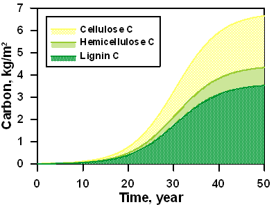 Simulation result of the carbon content of cellulose, hemicellulose and lignin