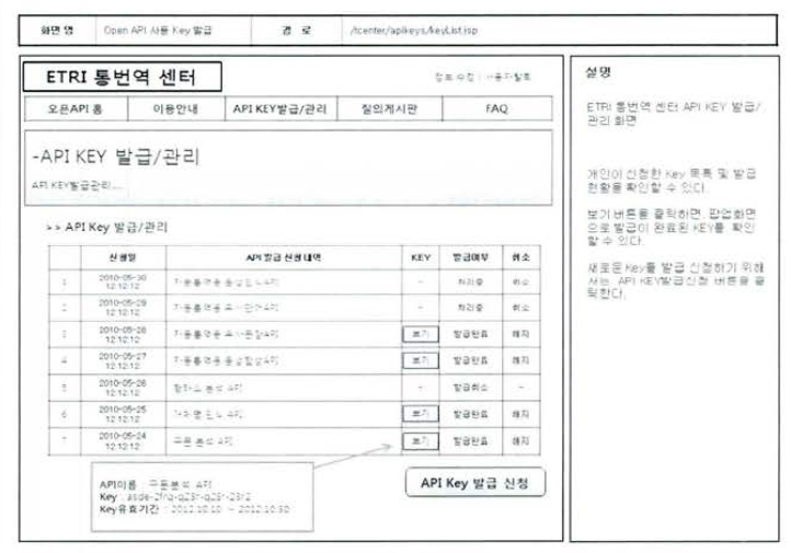 자동통번역 Open API 키 발급 및 관리 화면