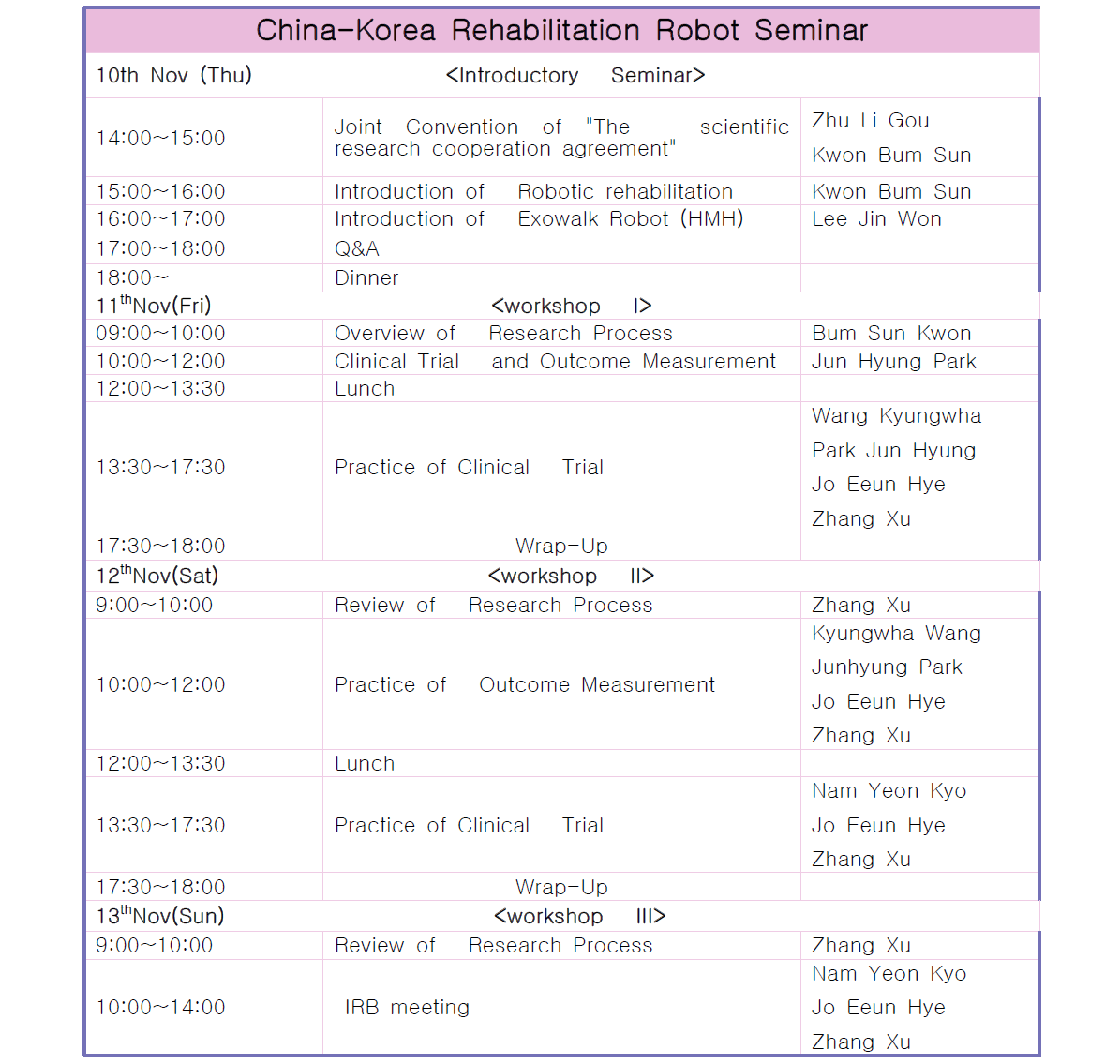 China-Korea Rehabilitation Robot Seminar 일정표