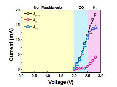 제조한 나노 구조화된 Au 촉매와 Co3O4 물산화 촉매 전극의 2전극 I-V curve 및 생성물의 부분 전류 밀도.