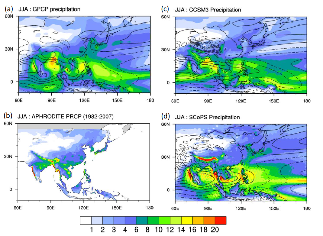 Climatological mean precipitation (shaded) and zonal wind at 850hPa (contour) from (a) GPCP and ERA-interim, (b) APHRODITE precipitation, (c) CCSM3, and (d) SCoPS during June to August averaged over 32 years (1982-2013).