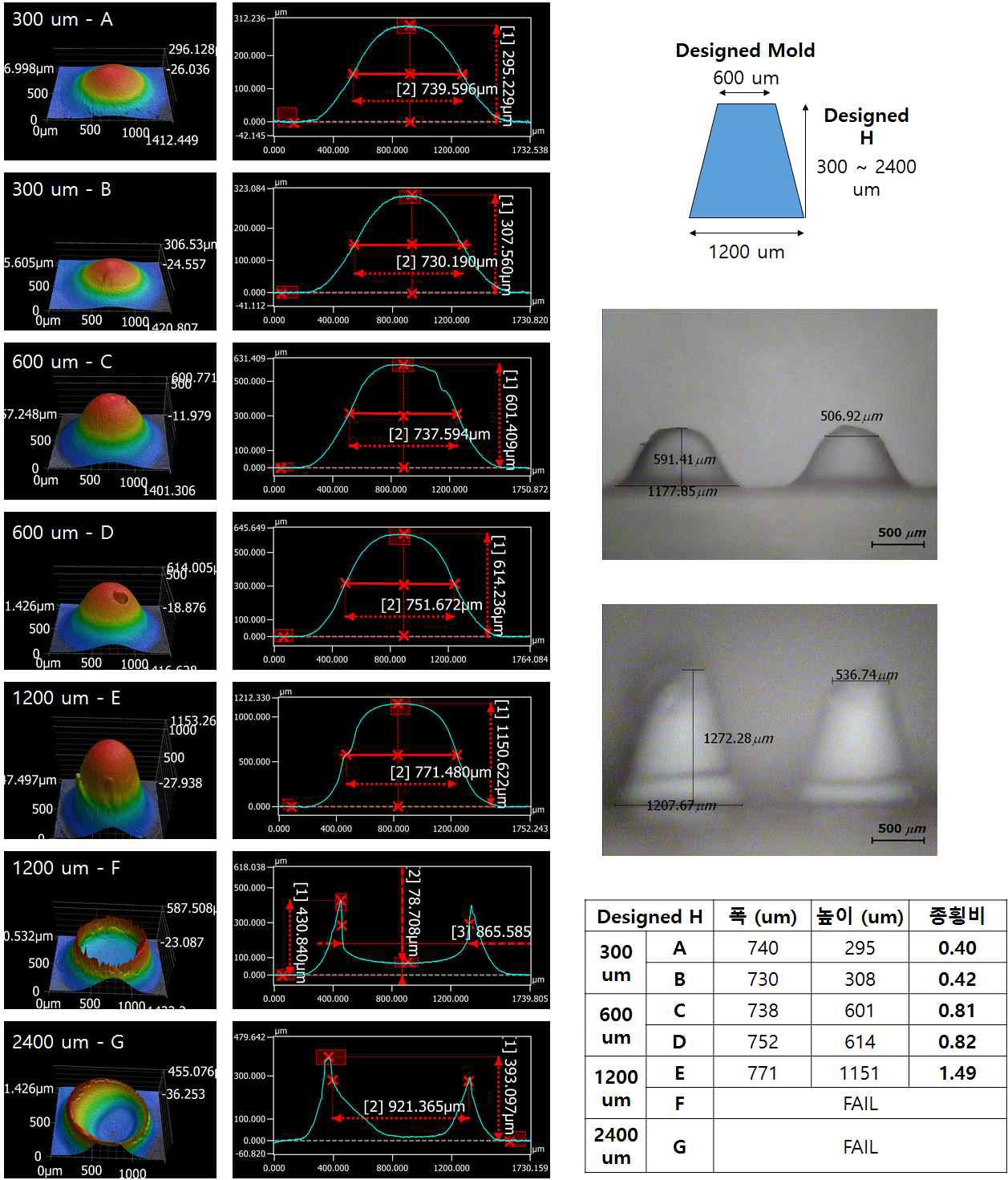 3D Laser Profiler로 측정한, 이형된 폴리머의 Profile (측정: 한국나노기술원)