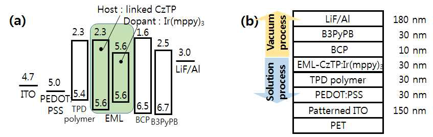 (a) 저 전압 구동 위한 Hybrid OLED 소자 energy level diagram, (b) flexible hybrid OLED 소자 구조