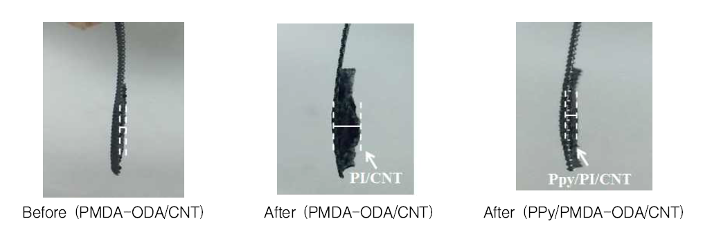 PPy/PI(PMDA-ODA)/CNT 전극의 충방전 전과 후의 형상
