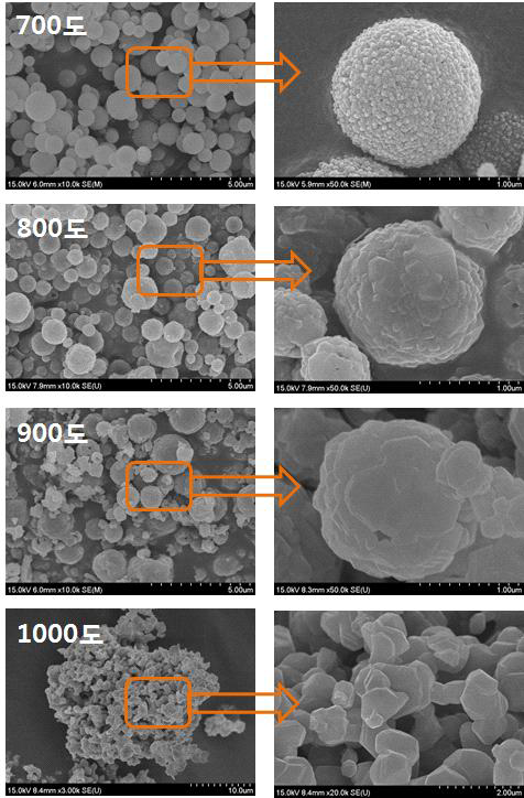 후열처리 온도별 입자의 형태 분석 (SEM)