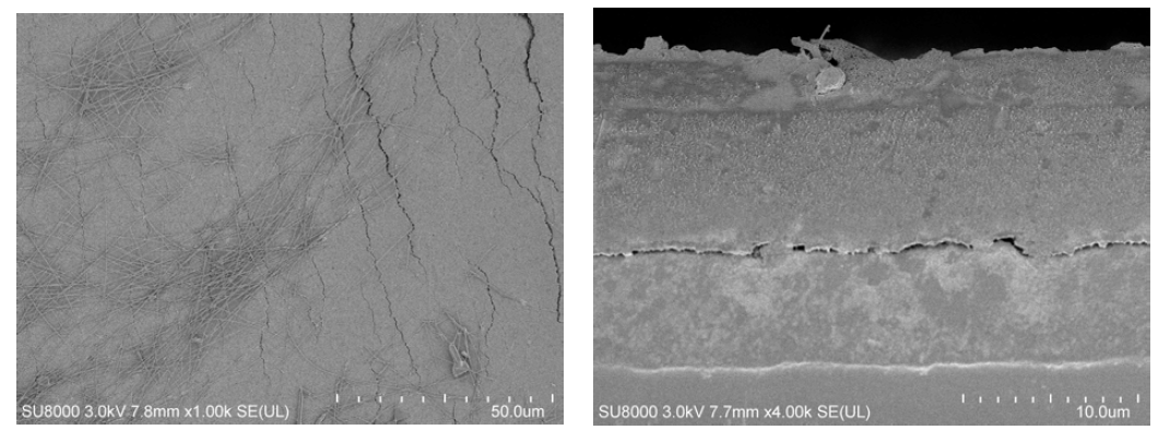 형성된 Textile/PU/Bynel/TiO2 위에 형성된 silver nanowire 및 전해질층(FE-SEM)
