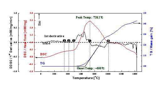 유동공기(55ccm)에서 20K・min-1가열 속도로 1400℃까지 가열한 Ti-B-C의 DSC 및 TGA 커브