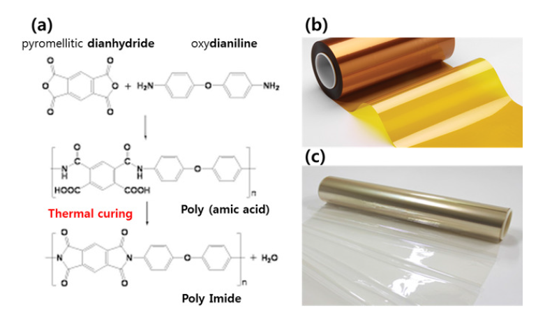 (a) dianhydride와 dianiline 기반 통상적인 Poly imide 합성 방법, (b) Conventional Poly Imide film (DuPont™ Kapton), (c) Colorless Poly Imide film (TORMED)