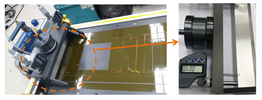 Poly (amic acid) 코팅에 사용한 Blade coater와 두께 균일성 향상을 위 해 도입한 디지털 마이크로 미터를 이용한 간격 조절 장치