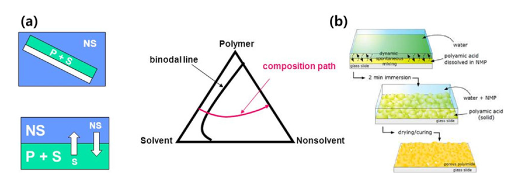 (a) 공기 기공 광산란 필름 제작의 원리인 phase inversion 현상과 (b) poly (amic acid)를 이용한 공기 기공 광산란 필름 제작 공정 도식도