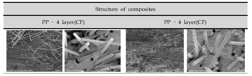 Wet-laid 탄소섬유 부직포 이용 열가소성 복합재료의 단면 SEM 사진