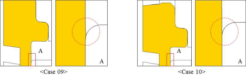 플랜지형 리액션 샤프트의 설계변수 Case 별 성형해석 결과 : 소재 겹침 결함 해결