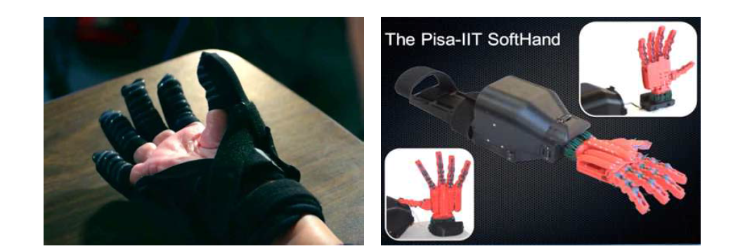 (Left) Soft robot hand (Harvard University), (Right) PISA IIT SoftHand (Italian Institute of Technology)