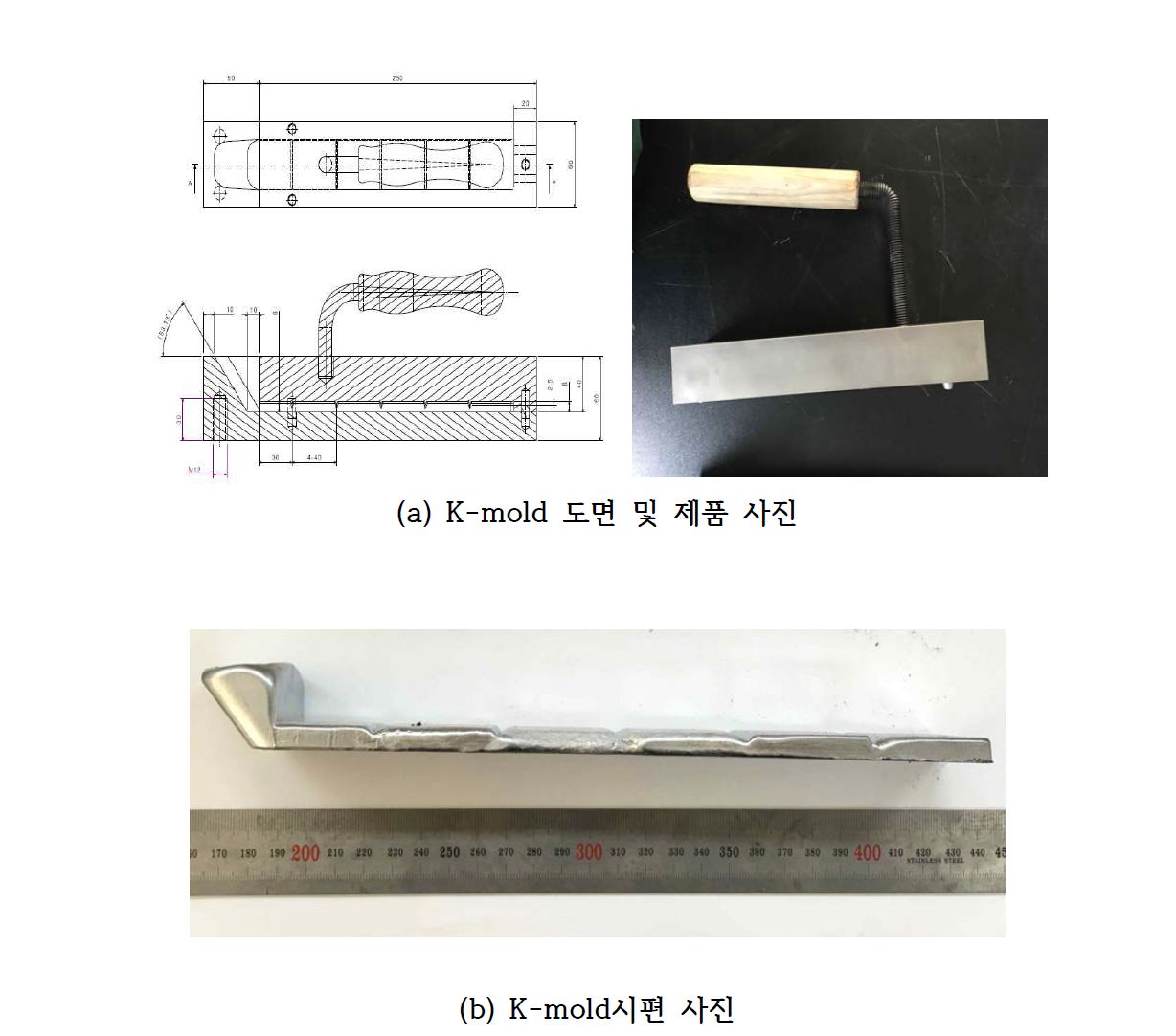 본 연구에서 설계한 K-mold의 도면으로 제작한 K-mold금형 및 시편 사진