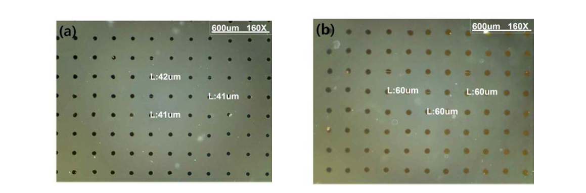 기판에 떨어트린 Ag잉크 dot size 비교; (a) Fluorocarbon 코팅한 기판, (b) Fluorocarbon 코팅하지 않은 기판