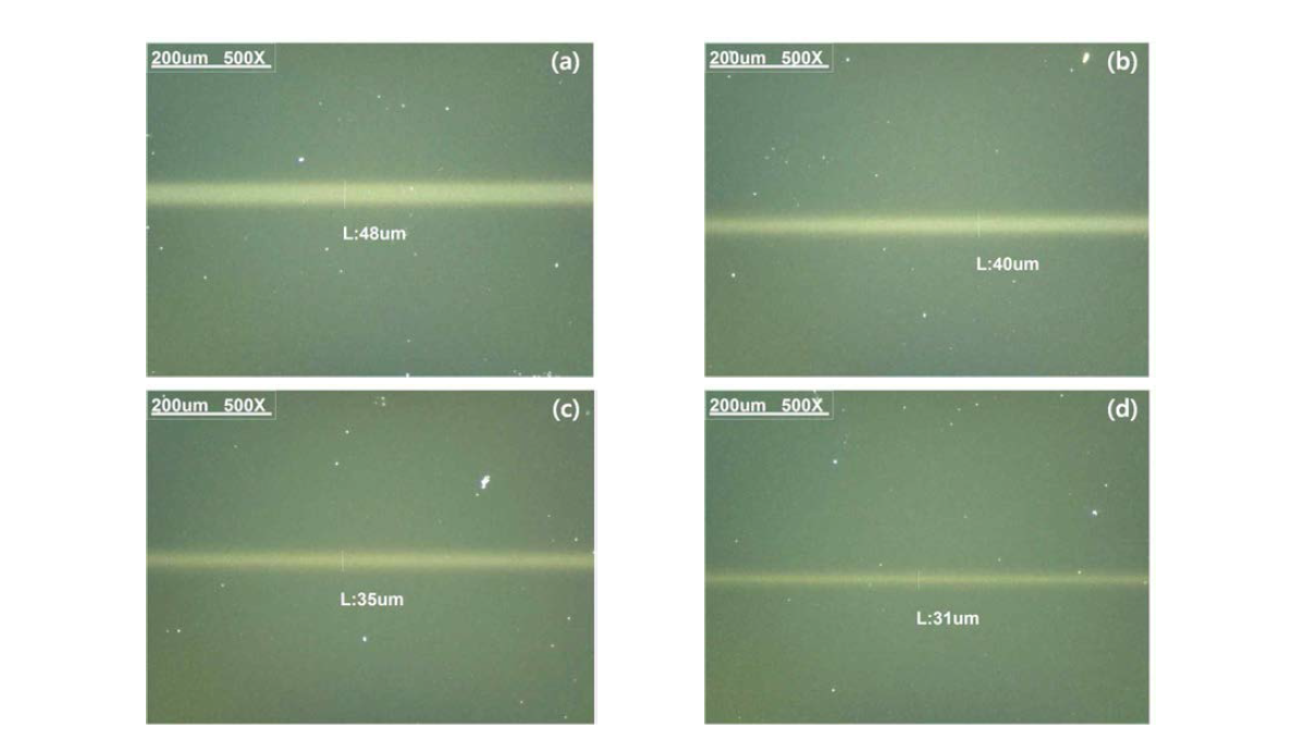 Laser 전력 0.1 Watt일 때 laser 속도별 소결변화; (a) 1 mm/sec, (b) 5 mm/sec, (c) 10 mm/sec, (d) 40 mm/sec