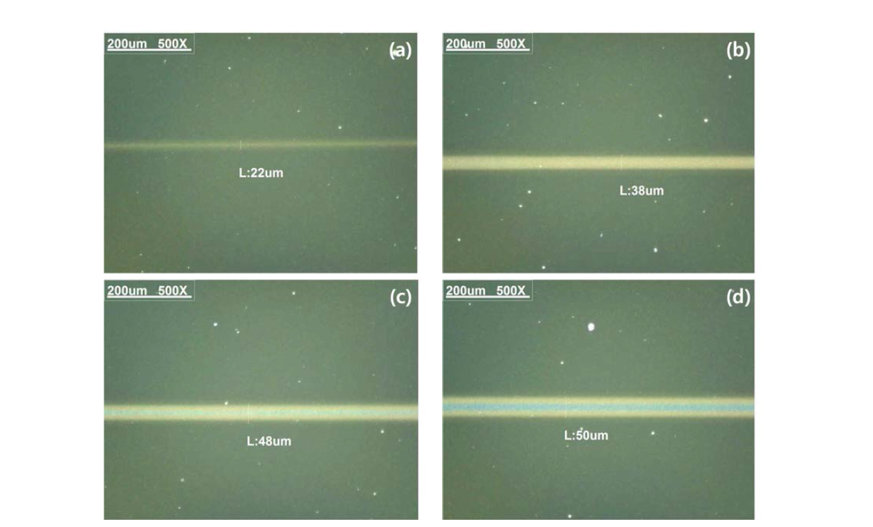 Laser 속도 200 mm/sec일 때 laser 전력에 대한 소결변화; (a) 0.1 Watt, (b) 0.3 Watt, (c) 0.5 Watt, (d) 1.0 Watt