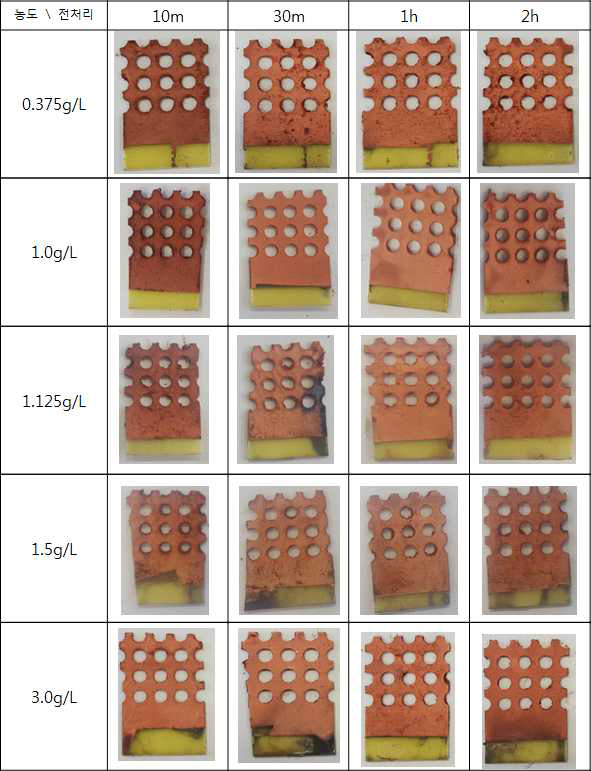 Ag 농도의 변화와 Ag 전처리 시간의 변화에 따른 Epoxy기판의 무전해 도금 후의 사진