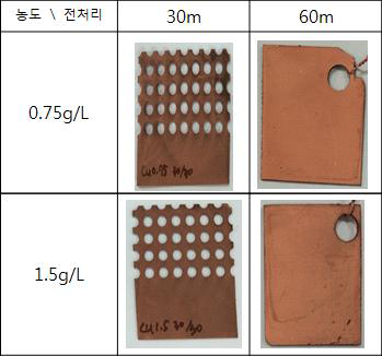 Cu 농도의 변화와 Cu 전처리 시간의 변화에 따른 Epoxy기판의 무전해 도금 후의 사진