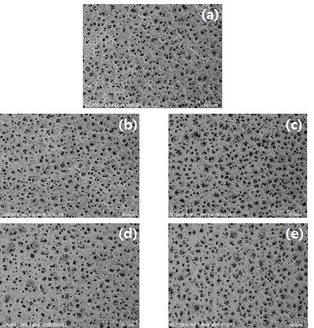 무전해 도금 표면의 FE-SEM image; (a) Epoxy, (b) Cu powder 0.75g/l, 30min, (c) Cu powder 1.5g/l, 30min, (d) Cu powder 0.75g/l, 60min, (e) Cu powder 1.5g/l, 60min