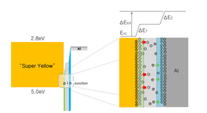 고분자 OLED 소재 내의 이온 분리 현상을 이용한 계면 쌍극자층 형성 및 전자 주입장벽 감소의 예
