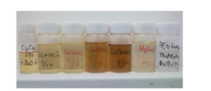 여러 가지 금속 염 이온 용액과 Organic ionic salt (TBA:BF4)의 안정성 평가 결과