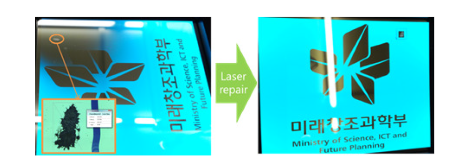 레이저 리페어 장치를 이용한 OLED 조명 패널 내 발견된 결함 제거 전, 후 발광 모습