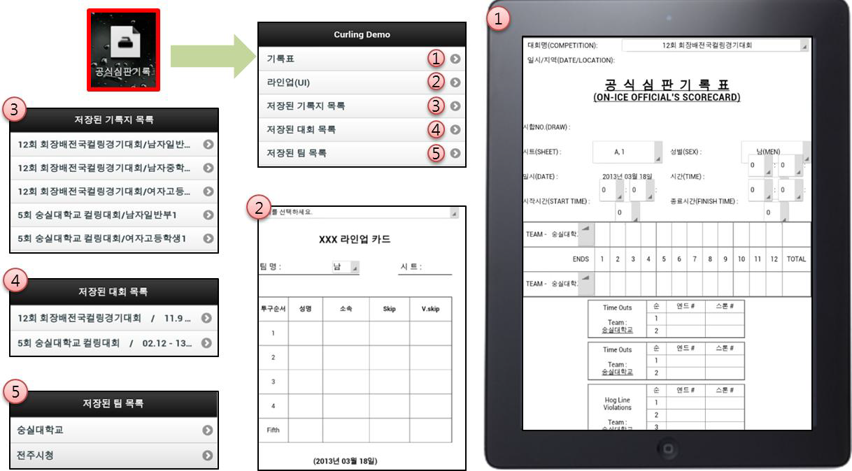 본 연구팀이 개발한 컬링경기 기록용 모바일 어플리케이션 화면 예