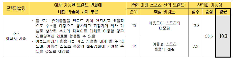 전략 기술별 미래 스포츠 산업화 가능성 검토 (수소 에너지 기술)