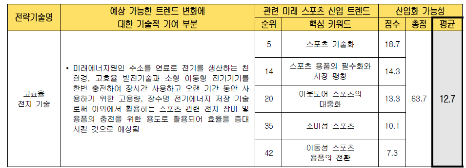 전략 기술별 미래 스포츠 산업화 가능성 검토 (고효율 전지 기술)